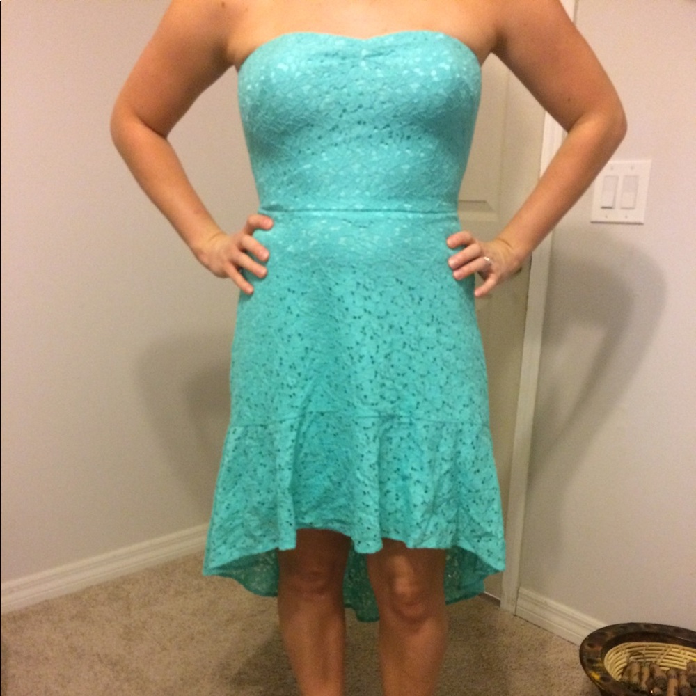 Teal, strapless, high low Betsey Johnson dress